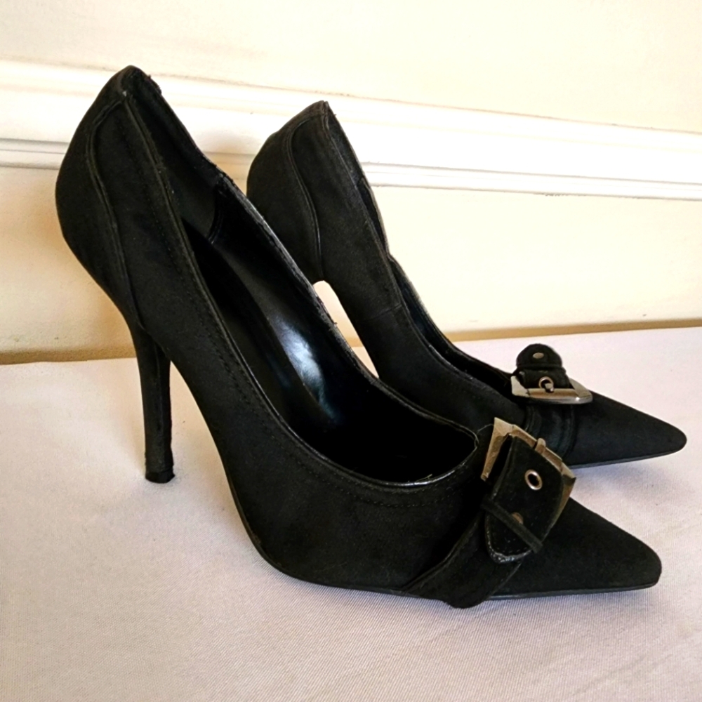 Not Just a Pump Black Suede Pointy Toe With Buckle Detail Size 8.5